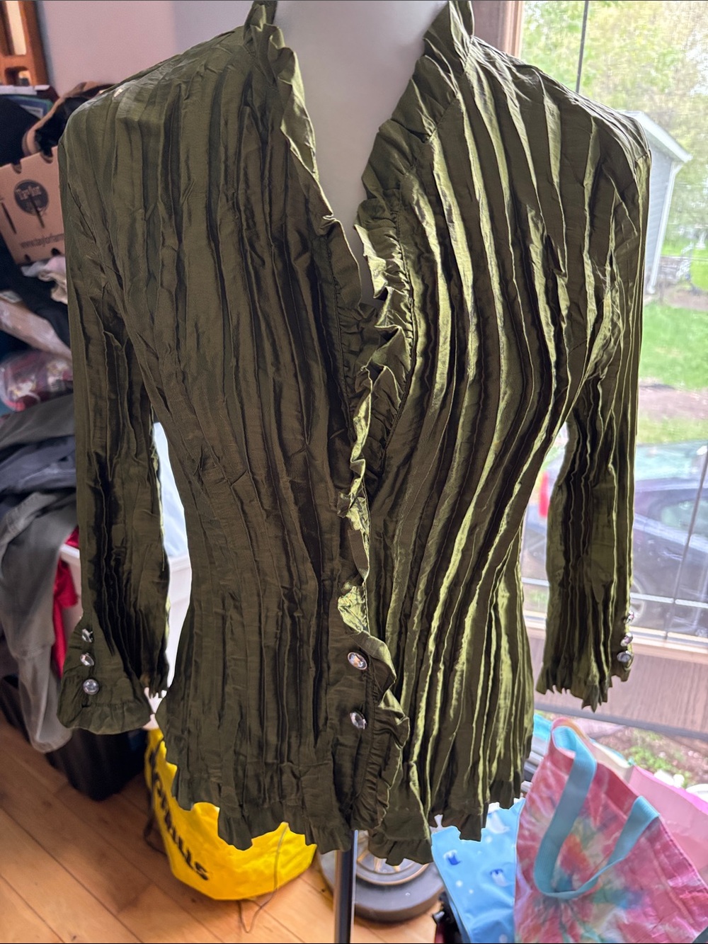 Agora Olive Green Crinkle Ruffle-Trim Blouse